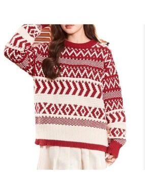 CUPSHE RED CREAM KNIT TEXTURED SOFT COZY CREW NECK SWEATER SIZE MEDIUM NWT